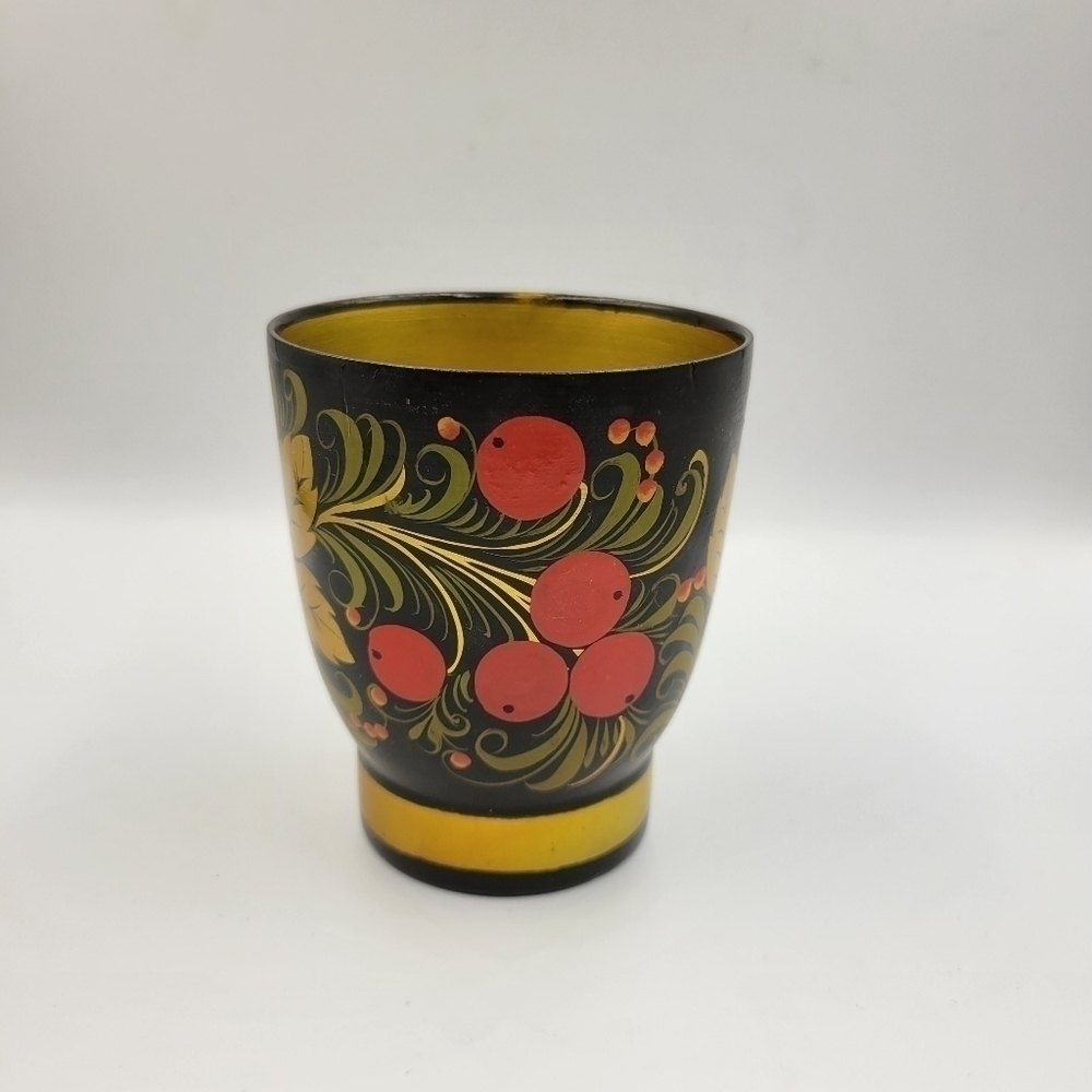Vintage Khokhloma Russian USSR Hand Painted Wood Gold Red Berry Lacquer Cup